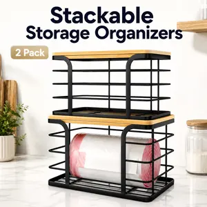 2 Pack Stackable Storage Organizers, Black Large and Small Trash Bag Holder with Bamboo Top, Wall Mount Garbage Bag Dispenser for Kitchen, Laundry Room, Pantry, Cabinet, Under Sink Storage and Home Organization