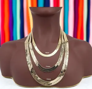 AAA+ Brass 14K Stamped Hip Hop Gold Plated 9mm / 11mm / 14mm Thick Herringbone Chain Bling Fashion Necklace for Men Women Unisex High-Quality Polished Lobster Lock