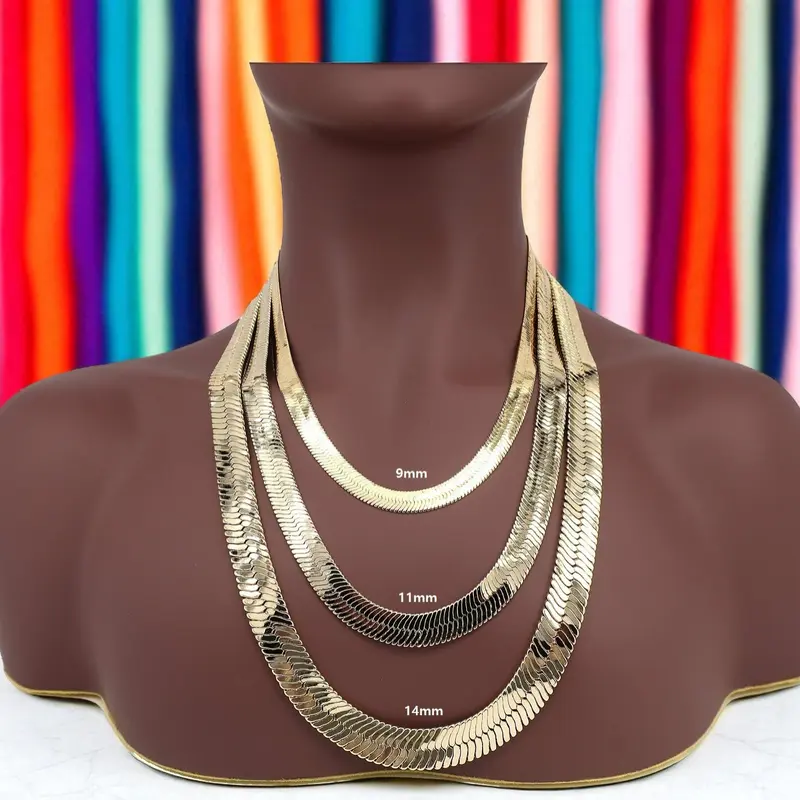 MaxBling81 AAA+ Brass 14K Stamped Hip Hop Fashion Gold-Plated Herringbone Link Necklace for Adults, 9mm/11mm/14mm Thick, Polished Lobster Lock, Unisex Casual Chain and Link Jewelry with Gold Chain Detailing
