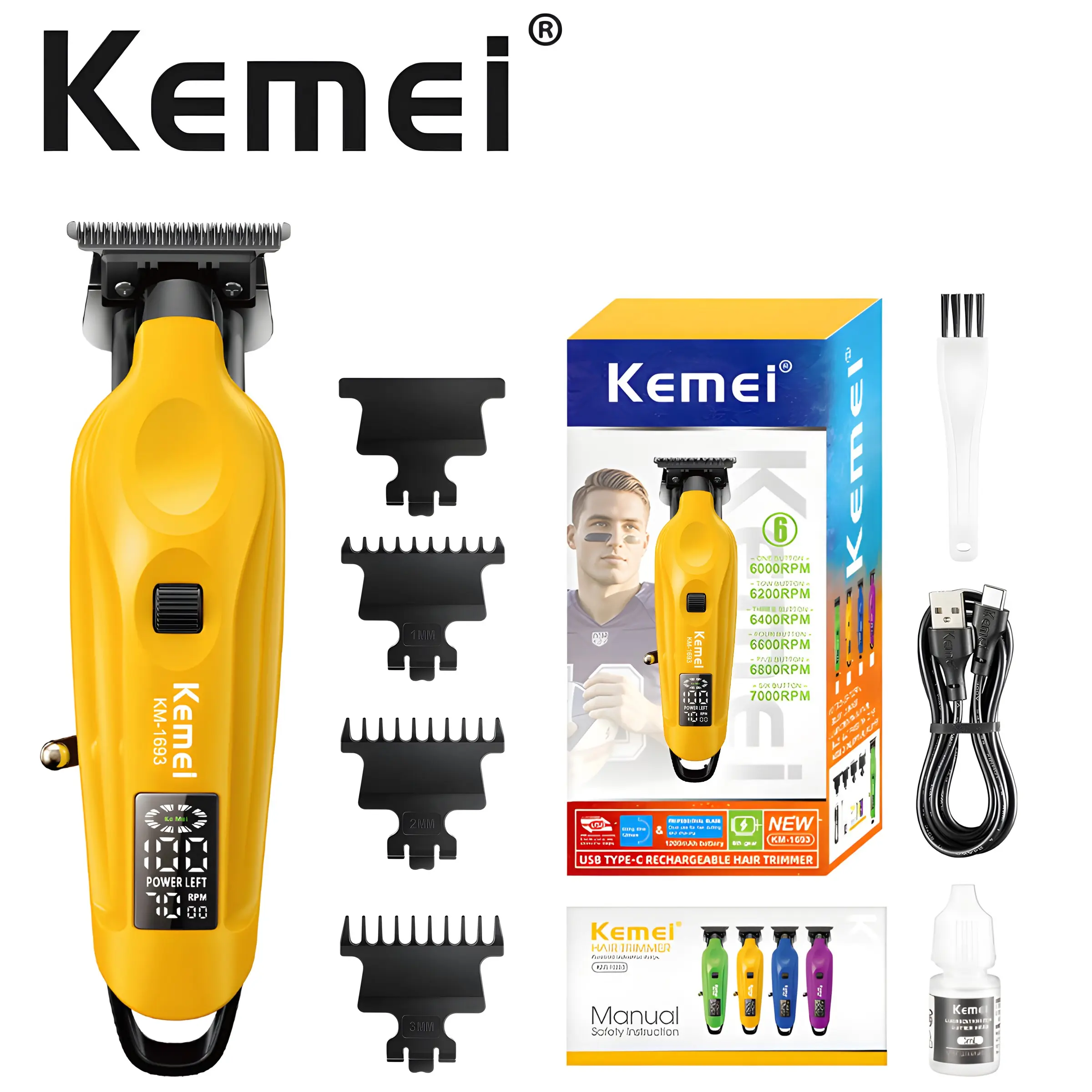 Kemei Km-1693 Men's Professional Hair Trimmer, Cordless Hair Clipper, Wireless Trimmer, USB Charging, 7000rpm High Precision Carving Razor, 1200mah Battery, Adjustable Speed