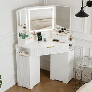 Garvee Corner Vanity Desk with Mirror and Lights, Fluted Makeup Vanity Table with Charging Station, 3 Drawers, Open Shelves & Storage Cabinets, Wooden Dressing Table for Bedroom, White