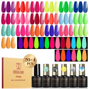 ROSALIND 24Pcs Mini Bottle Neon Gel Nail Polish Set with Gel Base and Matte Glossy Glitter Top Coat, Bright Neon Colors Nail Gel Polish Need Uv Light to Dry Manicure Rainbow Nail Art Set