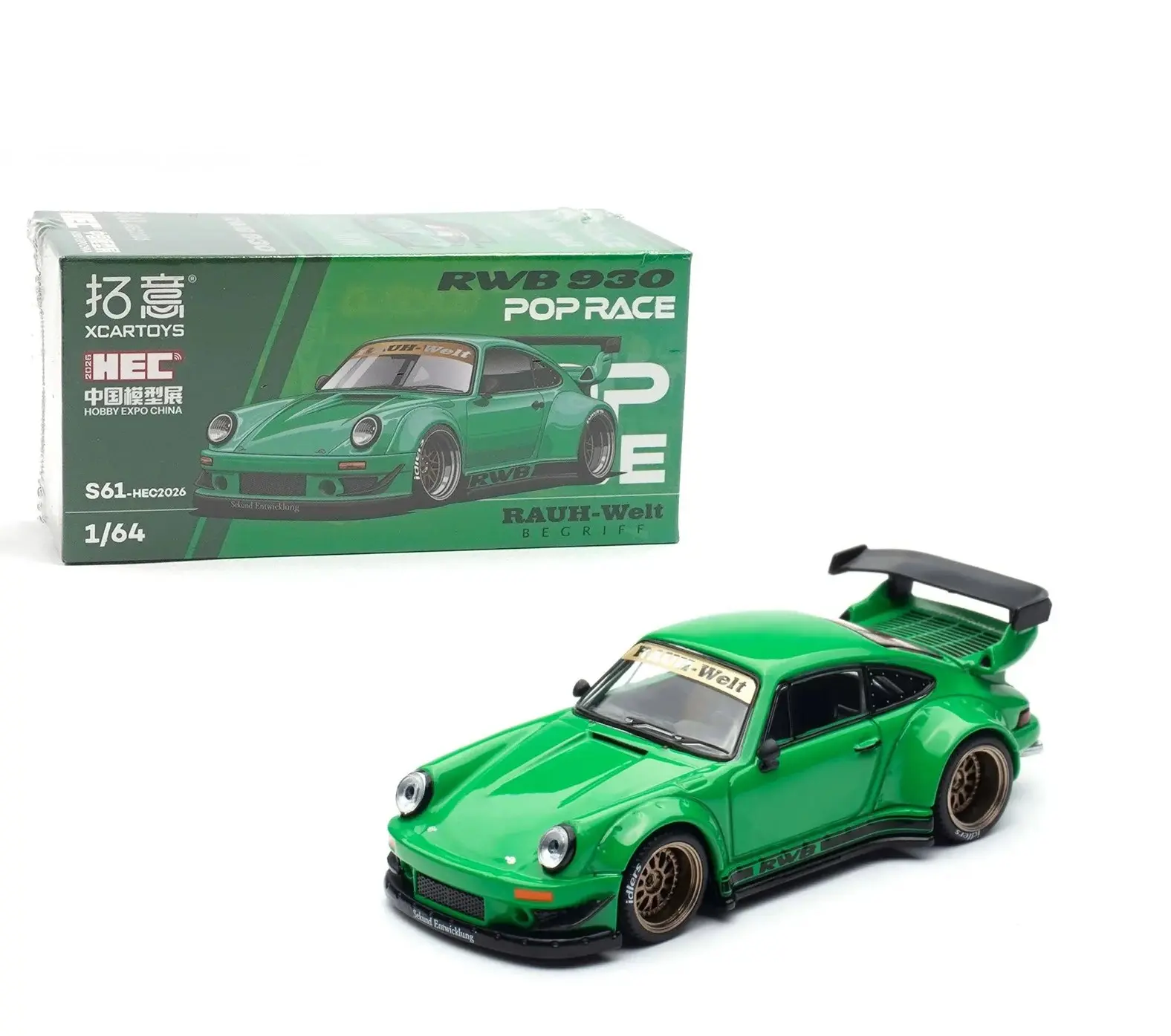 Xcartoys x Pop Race 1:64 Collectible Diecast Mini Model Car - Porsche RWB 930 Rauh-Welt Green HEC 2026 Event Show Car PR640499, Metal Body, Collectible Model Car