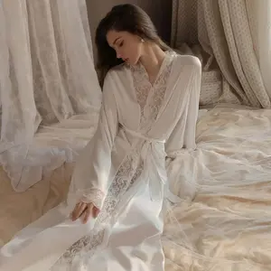 Women's Silky Satin Long-Sleeve Bathrobe Gown - Basic Sexy Loungewear Nightwear with Lace Trim, Belt, Straps, Plus-Size Option Womenswear