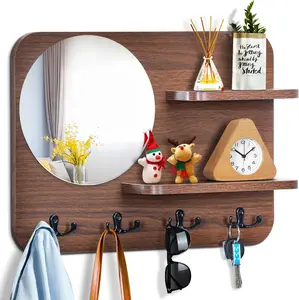 Space-Saving Wall Mounted Clothes Hanger Coat Rack with Shelf Rustic Wooden Wall Mounted Hanging Coat Rack with Mirror Shelves and 4 Double Hooks Decorative Entryway Hook Shelf for Hallway Living Room Bedroom 16"x12" (Brown S)