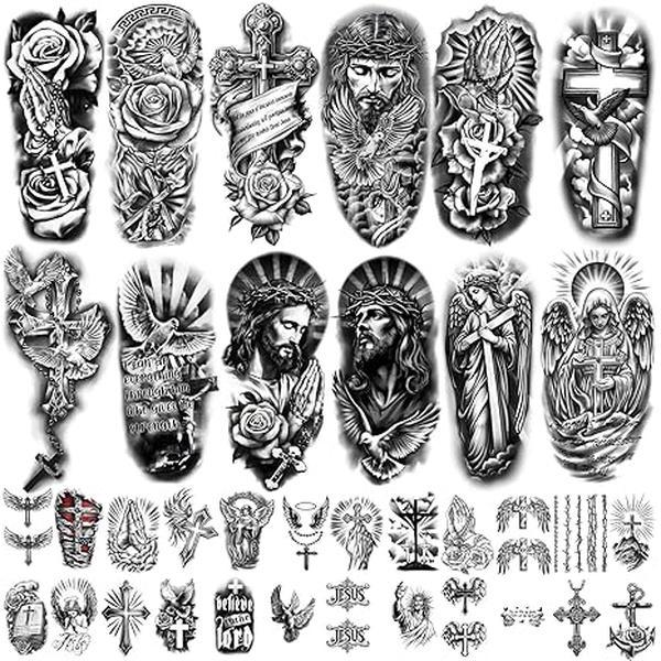 77 Sheets Christian Cross Temporary Tattoo for Women Men, 17 Sheets Half Arm Large Religious Jesus God Fake Tattoos, 60 Sheets Angels Black Christ Tiny for Adult Kids Body Tattoos Stickers Realistic