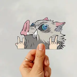 Inosuke Funny Hands Sticker, Vinyl Demon Slayer Sticker with Boar Mask and Rock Gesture, Decor Laptop Car