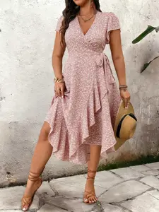 Fashion Floral Print Wrap Midi Dress with Ruffled Flutter Sleeves, Women's Curve & Plus Size Casual Feminine Summer Y2K Dress, Trendy Street Style Vacation Dress for Daily Wear, Dates & Evening Parties