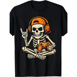 Men'S Casual Short-Sleeve T-Shirt - Summer Breathable Round-Neck T-Shirt, Featuring a Trendy 'Gaming Skull' Graphic Print, Machine Washable, Regular Fit Suitable for Casual Wear, Perfect for Summer Outings