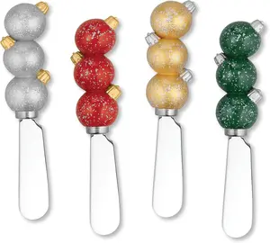 Christmas Ornament Cheese Spreaders, Hand-Painted Resin Handles with Stainless Steel Blades for Spreading Cream Cheese, Butter, Jam, or Sandwich, Assorted Colors, Set of 4