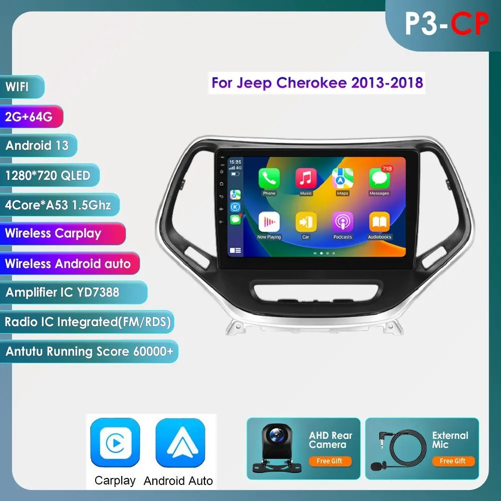 Hizpo 10.1-Inch 2 Din Android 13 Car Audio Multimedia Player with GPS Navigation, CarPlay, Android Auto Compatibility for Jeep Cherokee 2013-2018