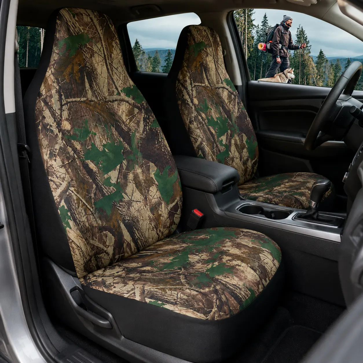 AUTOYOUTH Camo Universal Oxford Fabric Front Car Seat Covers 2PCS, Waterproof High Back Seat Covers, Green Forest Camouflage Car Seat Protectors, Fits Most Car Truck SUV Jeep, Airbag Compatible, Car Interior Accessories, Outdoor Camping campingessentials