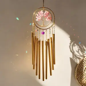 Tree of Life Sun Catcher- Wind chime with Rose Quartz Crystals