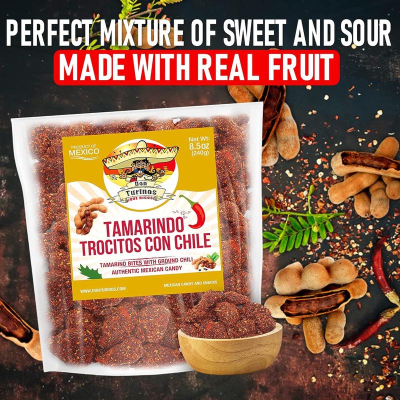 Tamarindo De Frutas Con Chile, Authentic Mexican Tamarind Candy with Chili, Sweet, Tangy and Spicy. Dulce De Tamarindo 8.5 oz. Contains Seed. Bag by Don Turinos