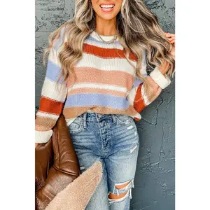 Pink Striped Colorblock Round Neck Drop Shoulder Sweater