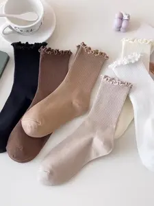 6 Pairs Plain Edge Women's Crew Socks, Soft Breathable, Casual Style, All Seasons, Random Color Mix, Ideal for Daily Wear