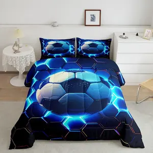 Boys Soccer Comforter Set,3D Football Quilt Set,Game Sport Competition Down Comforter,Lightning Sparkle Honeycomb Hexagon Duvet Sets