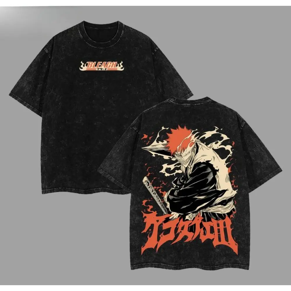 Retro Vintage Ichigo Kurosaki Rage Bankai Bleach Anime Unisex Oversize Anime Manga Washed Heavyweight Cotton T-shirt, Gift For Anime Fan, Anime Lover Bleach Fan，Bleach anime merchandise