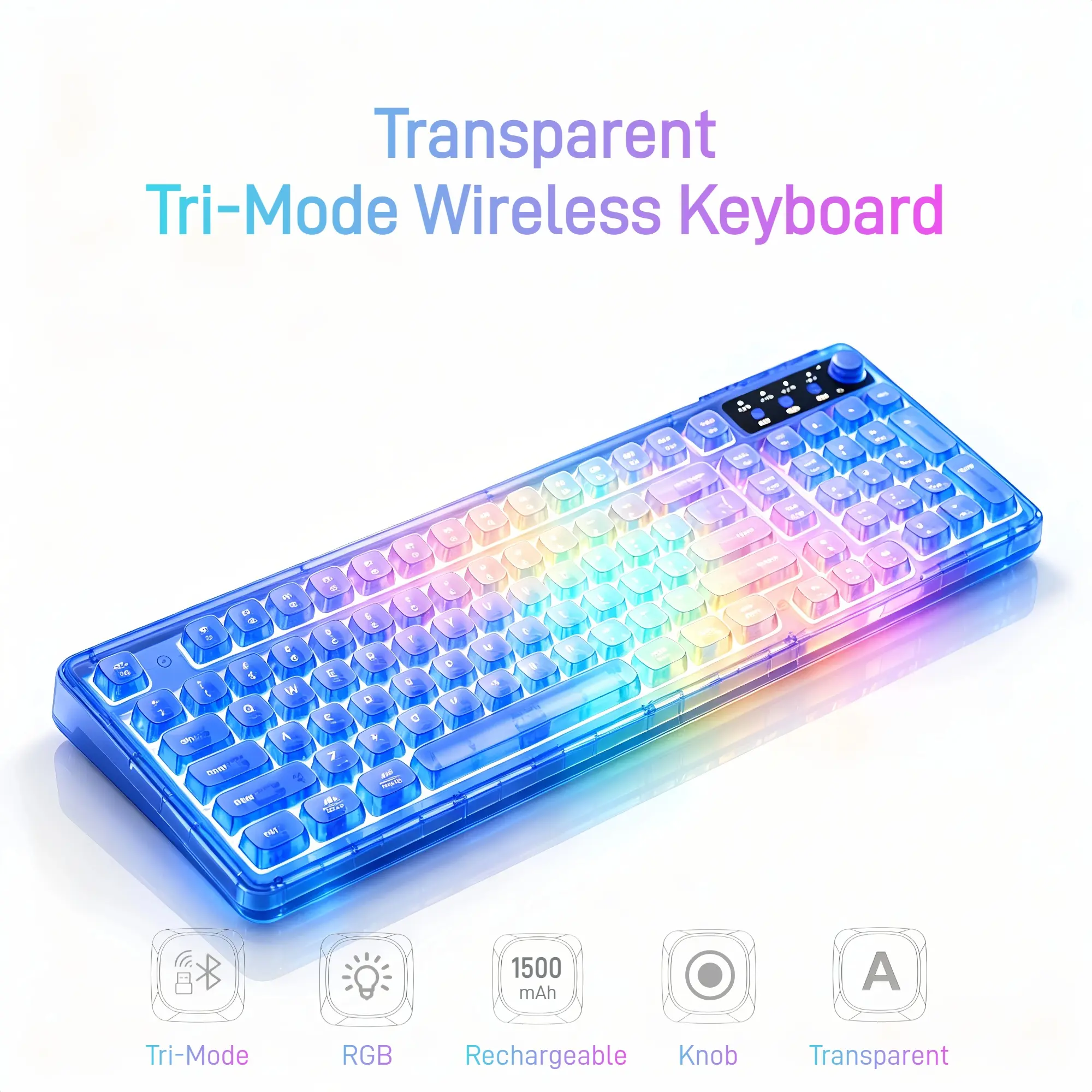Blue Crystal Transparent RGB Wireless 99-Key Mechanical Feel Keyboard with Volume Knob, Tri-Mode Bluetooth 5.0/2.4G/USB-C Rechargeable Backlit for Gaming, Home Office, Laptop & PC