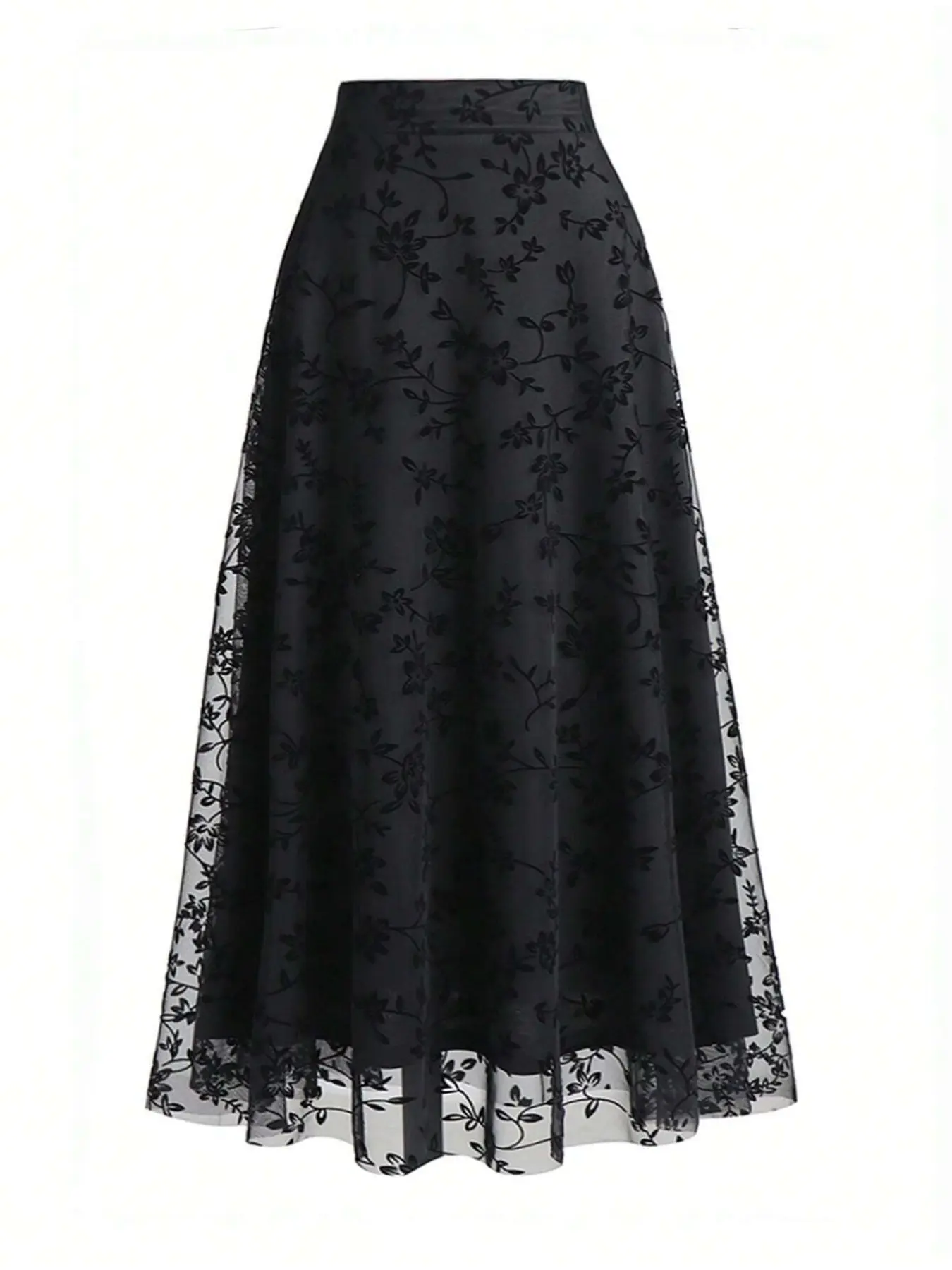 Women's Plus Size Flocked Floral Mesh Midi Skirt High Waist Tulle A-Line Skirts Flowy Elegant Vintage Romantic Dark Academia Casual Daily Outfits Wedding Guest Spring Fitted Print Bottoms Everyday Floral Printed Skirt