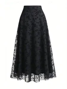 Women's Plus Size Flocked Floral Mesh Midi Skirt High Waist Tulle A-Line Skirts Flowy Elegant Vintage Romantic Dark Academia Casual Daily Outfits Wedding Guest Spring Fitted Print Bottoms Everyday