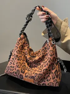 Retro fashion leopard print shoulder underarm bag with braided rope handle design, niche personality unique shape shoulder handbag, Hobo Shoulder Bag, fashionable and casual versatile, suitable for daily commuting, shopping, etc.