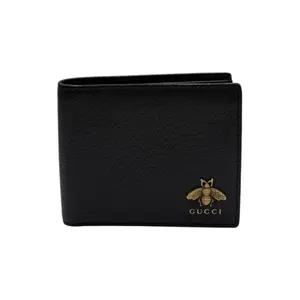 Pre-owned GUCCI LEATHER Small Leather Goods CALFSKIN BEE BI FOLD WALLET BLACK/GOLD