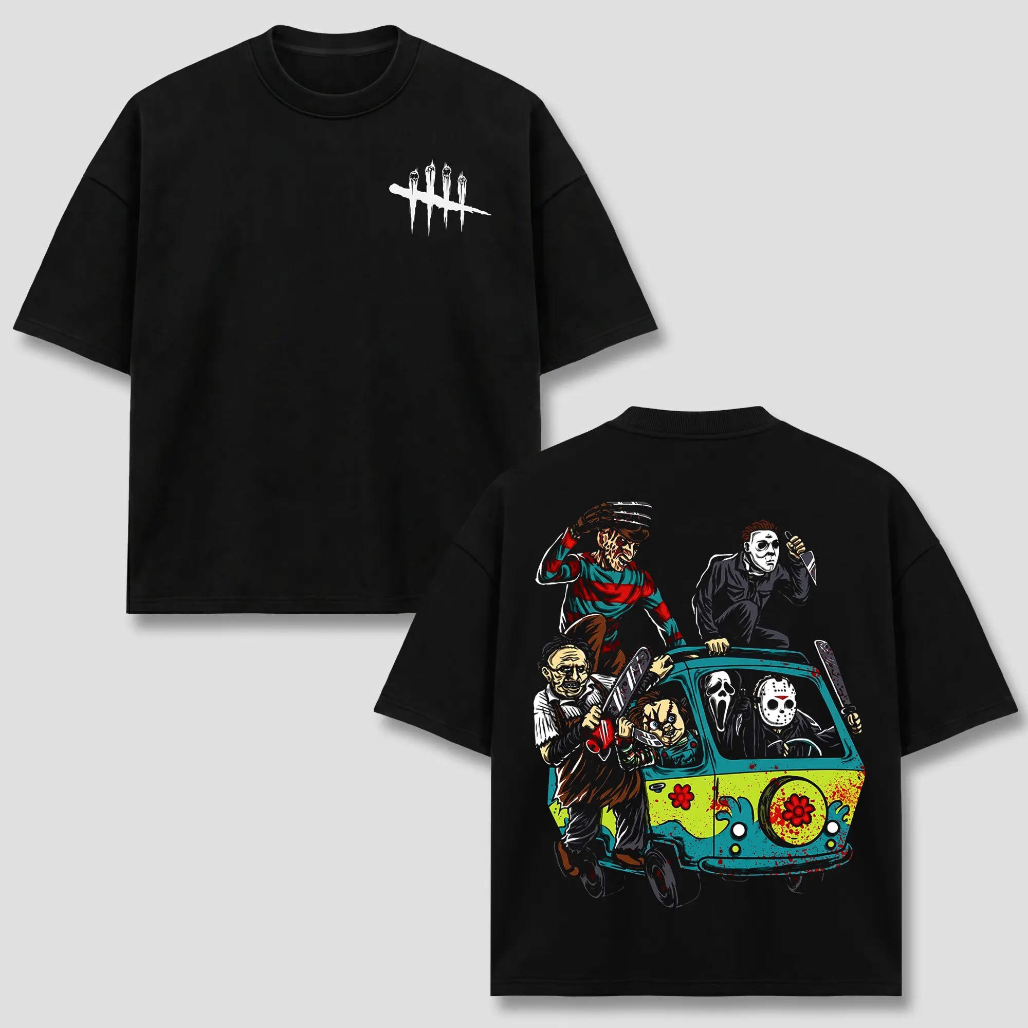 Dead By Daylight T-Shirt, DBD Logo Horror Movie Slashers Mystery Machine Van Freddy Jason Michael Ghostface Leatherface Chucky Graphic Apparel, Halloween Merch Gift, Men Women Heavyweight Oversized Black Tee, DBD
