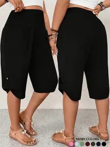 Women's Plus Size Bermuda Shorts Smocked High Waist Tulip Hem Button Detail Slim Fit Versatile Everyday Casual Summer Lounge Basic Outfits Trendy Fitted Fashion Shorts