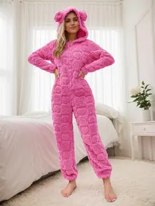 Women's Heart Print Hooded Jumpsuit, Casual Soft Comfortable Long Sleeve Jumpsuit for Fall & Winter, Women's Sleepwear for Indoor Wear, Sleepwear Loungewear, Onesies