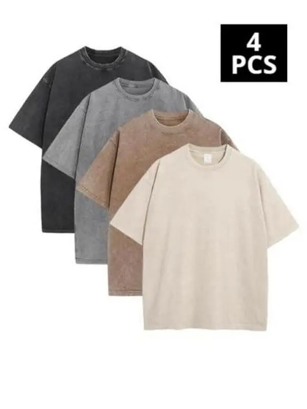 Men's T-Shirts 4-Pack, Vintage Acid Washed Heavyweight Cotton, Oversized Crewneck for Gym and Casual Wear, Pure Cotton, Relaxed Baggy, Heavy Cotton Build Menswear Top Streetwear Tshirt