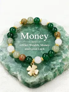 Wealth Energy Crystal Bracelet,Four-Leaf Clover Charm with Gold Spacers, Attract Good Luck & Prosperity, Spiritual Energy Jewelry for Men Women
