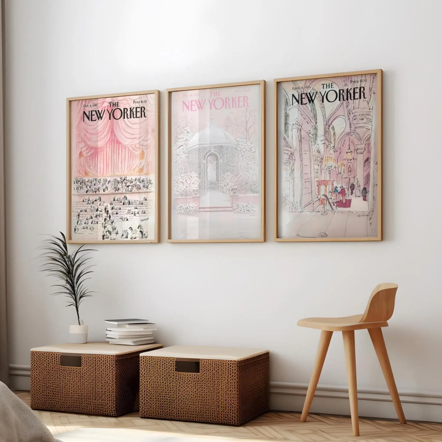 Set of 3 Pink New Yorker Printable Wall Art | Vintage Prints | Pastel Dorm Decor | Mid Century Modern College Apartment Poster Set