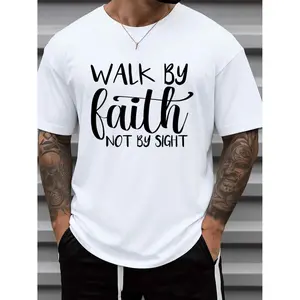 Mens Faith Walk Cotton T-Shirt God Graphic 180gsm Heavyweight 100 White Christian Faith Tee with Walk By Faith Not By Sight Print Round Neck Short Sleeve Casual Church Wear Machine Washable Inspirational Gift for Men