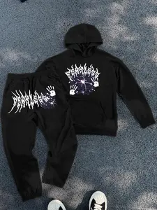 Men's Spider Web Print Hoodie & Drawstring Waist Sweatpants Two-piece Set, Casual Loose Long Sleeve Hooded Sweatshirt & Pocket Jogger Pants for Fall & Winter, Men's Two-piece Outfits for Daily Wear