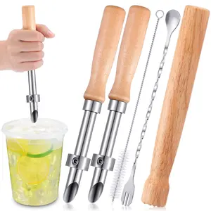 5 Pack Lemonade Stand Supplies Kit Straw Hole Punchers for Plastic Lids Stainless Steel Muddler Mixing Spoon Straw Cleaning Brushes for Lemonade Preparation Wood Handle Hole Punch Tool