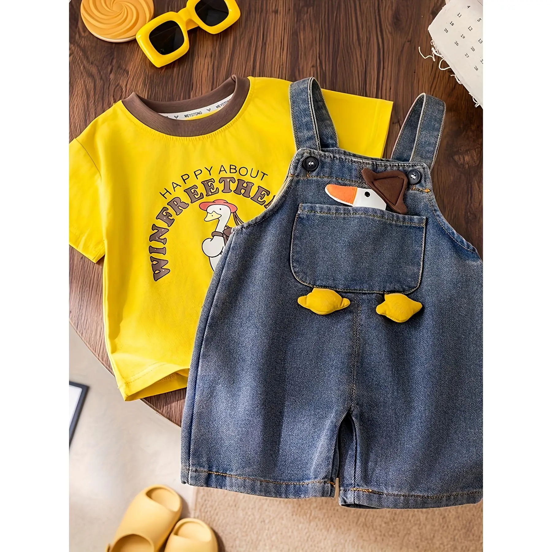 Boys' Summer Denim Overalls with Short Sleeves|   Cute Duck Decoration, Alphabet Print, Casual and Comfortable Fit, for Outdoor