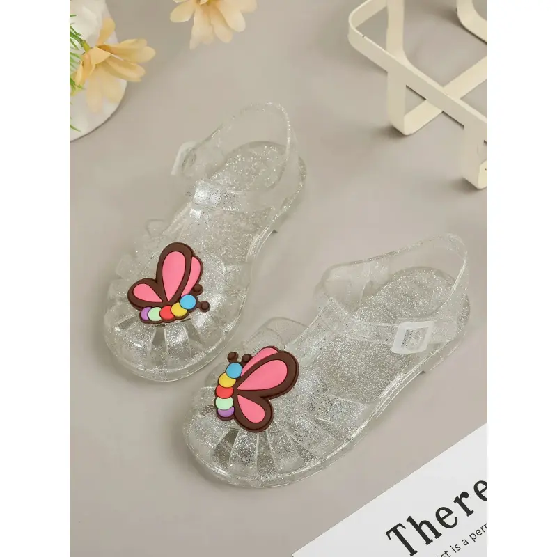 New Girl's Fashion Sandals, Versatile Summer Shoes, Butterfly Glitter Soft Sole, Jelly Color Princess Beach Sandals, Crystal Sandals, Sparkly Sandals, Butterfly Decorated Slides, Fashionable Sandals