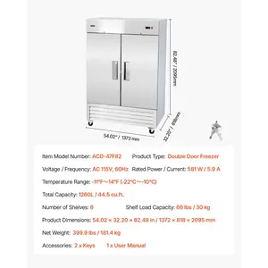 VEVOR Commercial Freezer, 32.2 in Width Reach In Upright-Freezer Double Door, 43.2 Cu. ft Auto-Defrost Stainless Steel Freezer with 8 Adjustable Shelves, -11 to 14 Temp Control, LED Light, 4 Wheels