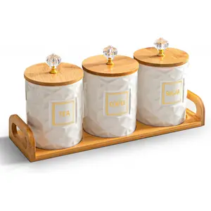 Set of 3 Ceramic Canisters for Sugar Coffee Tea with Tray, White Airtight Food Storage Jars with Wood Lids, Kitchen Counter Storage Containers - 23oz