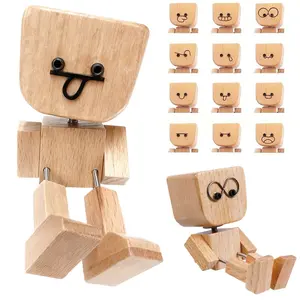 Funny Shaking Wooden Man Handmade Shak Feet Woodens Doll Figurine, Wood Desktop Decor & Car Ornament with 12PCS Magnetic Expressions