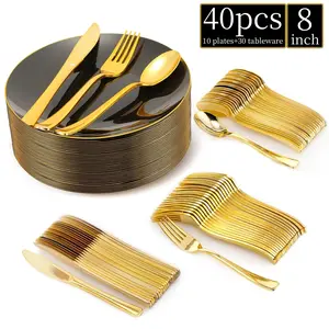 40pcs & Gold Plastic Plates Set, Dinnerware Service Set, Reusable Party Supplies for Weddings Birthdays Easter New Year Christmas, Includes Dessert Plates