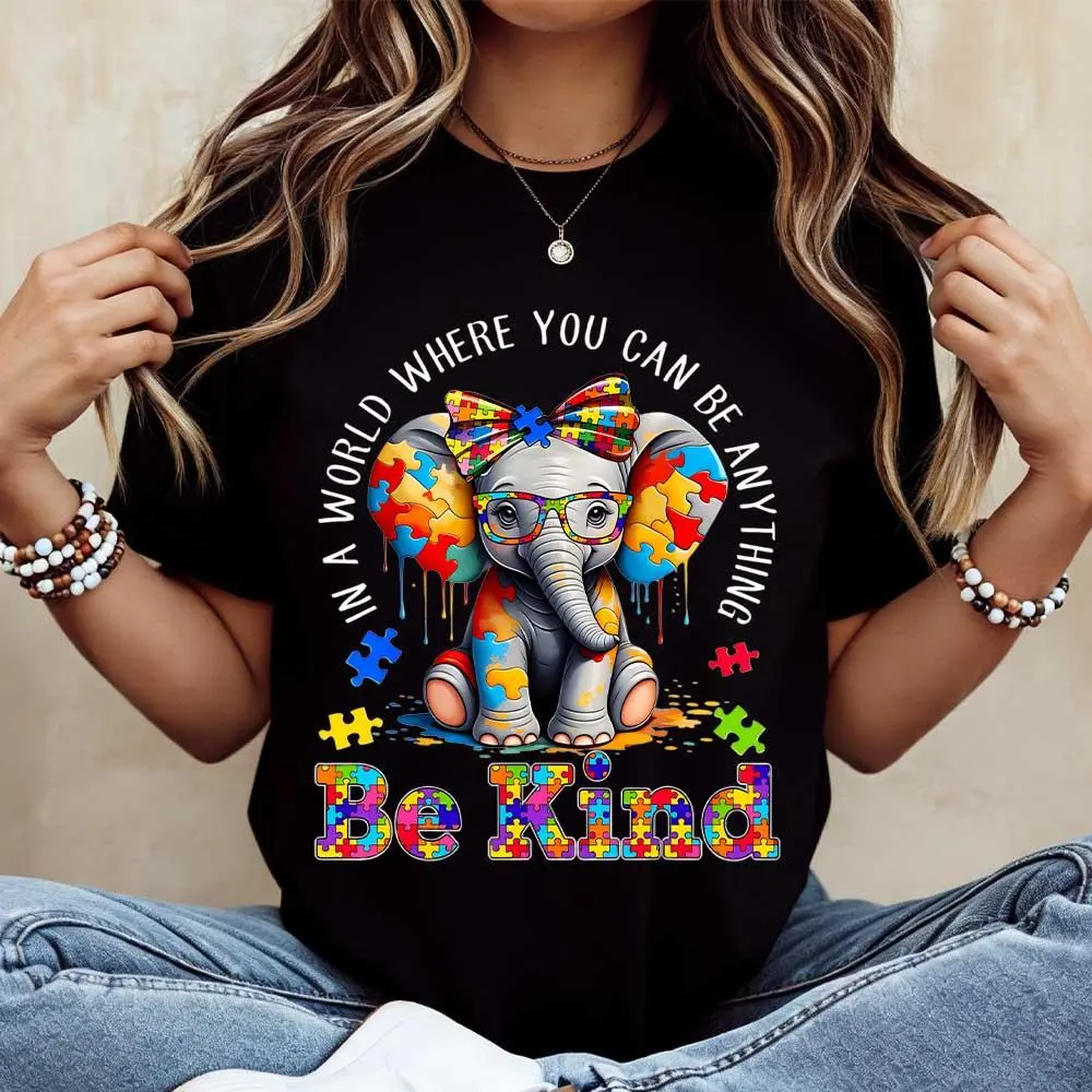 Women's & Lady's 100% Cotton Short-Sleeve Crew Neck T-Shirt, Smooth Seamless Solid Fabric, Elephant & Puzzle Pieces & Be Kind Print, Casual Sports Top, Shortsleeve