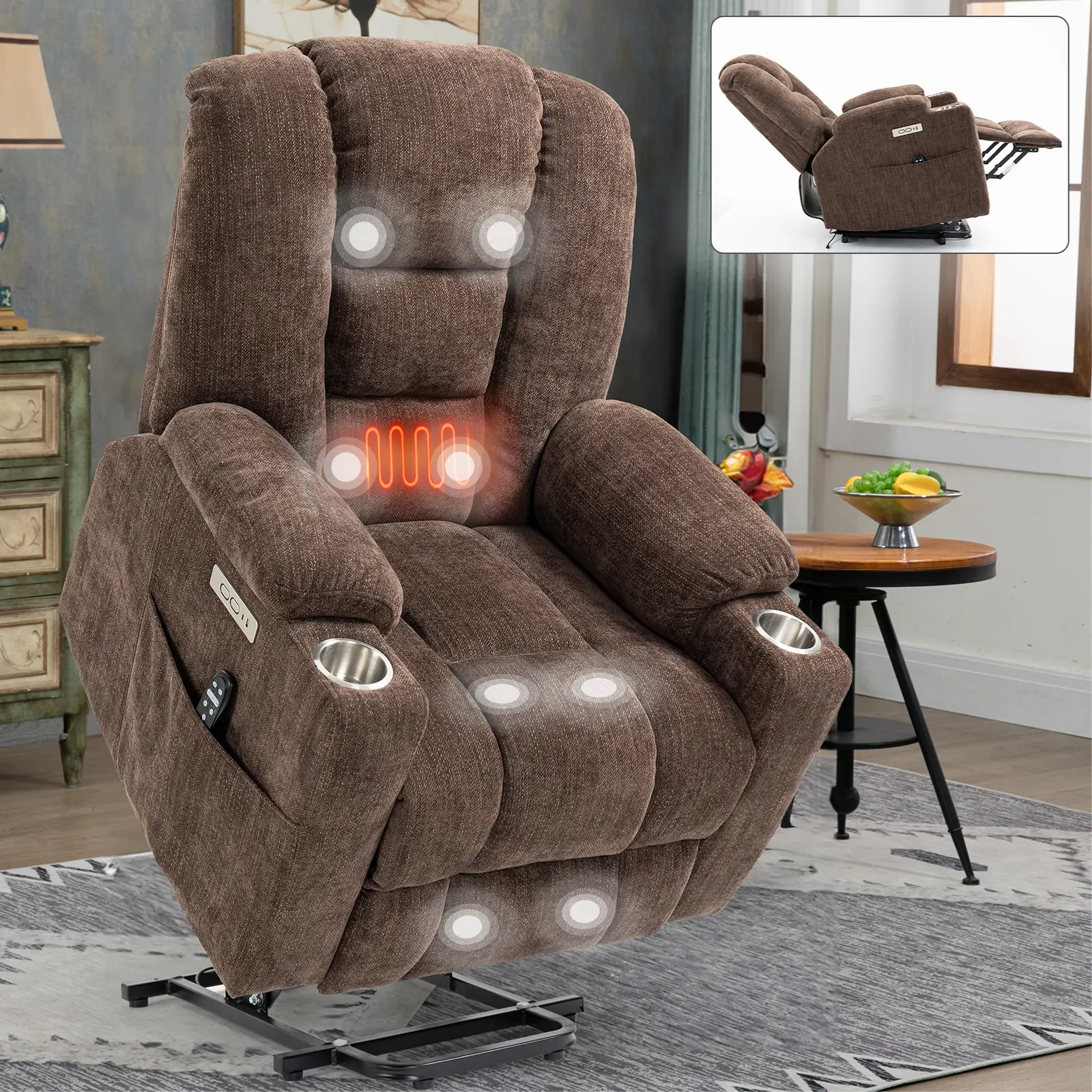 Large Power Lift Recliner Chair with Massage & Heat, Overstuffed Wide Chenille Recliner for Elderly, Heavy-Duty Frame, USB & Type-C Ports, 2 Steel Cup Holders, Brown