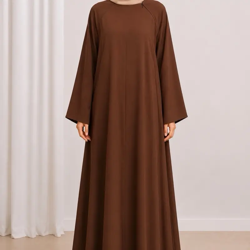 Brown Zip Neck Abaya | Elegant Loose Fit Modest Wear