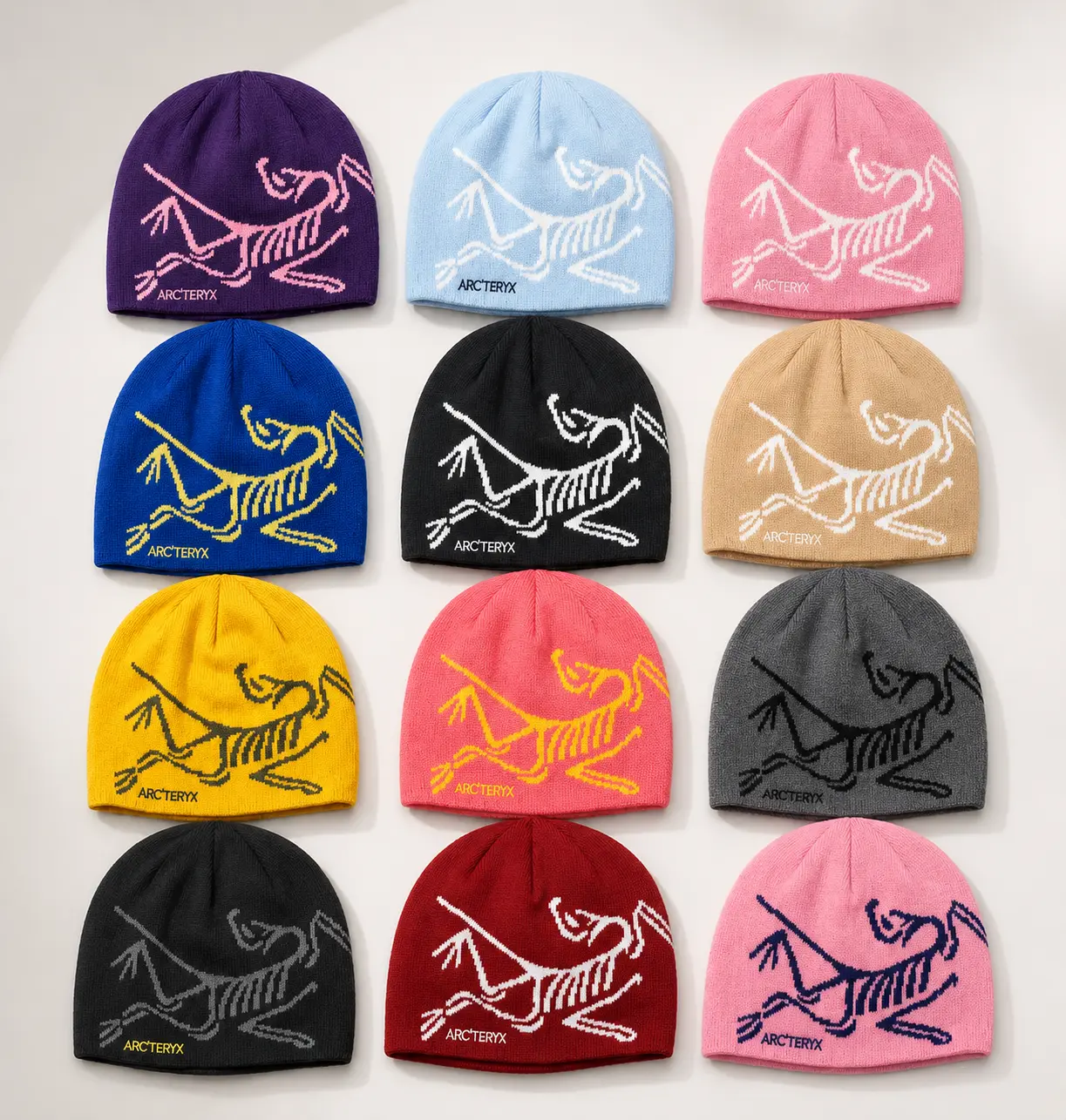 Premium Arc'teryx knit beanie with iconic outdoor style, warm winter hat, unisex beanie, hiking, camping, skiing, snowboarding, casual streetwear, soft breathable fabric, comfortable everyday wear.