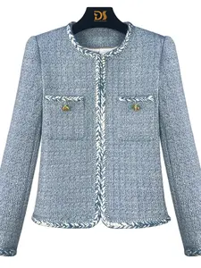 Women's Solid Color Tweed Jacket, Elegant Fashion Casual Round Neck Outerwear for Daily Outdoor Wear, Women Clothing for Spring Fall