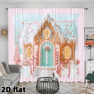 2D Flat 2Pcs Sweet Christmas Candy House Printed Curtains, Pastel Pink Mint Design, Semi Sheer Rod Pocket Drapes, Perfect for Living Room Bedroom Kitchen Window Decor, Winter Holiday Theme, Romantic Fantasy Style, Light Filtering Privacy Protection
