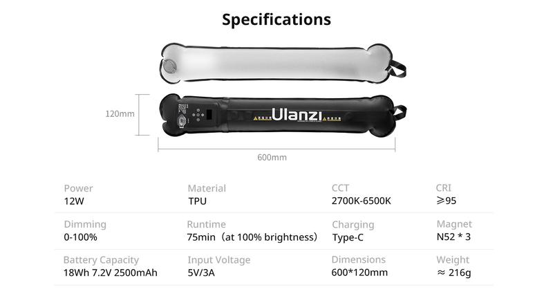 Ulanzi Portable Inflatable Air Tube Light UA12/UA20 , Handheld Magnetic 12W/20W 2700K to 6500K CRI 95+ Air Video Streaming Light 1/4 Mount Photography Lighting Stick