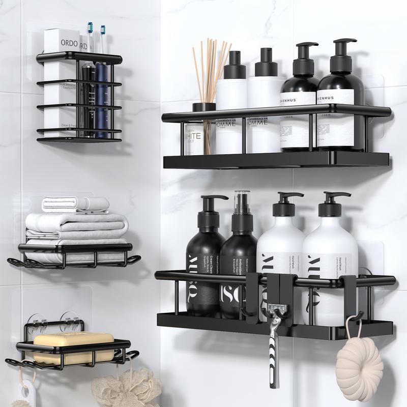 3/5 Wall-Mounted Shower Caddy Organizer Rack Set, No Drill Holder, Self Adhesive Black Basket, Bathroom Home Accessories Storage, Farmhouse Wall Inside Organization Decor, Hanging Kitchen Skincare,Removable Shelf Drying Fathersdaygifts